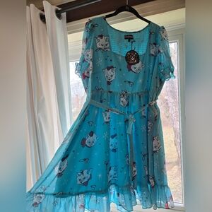 NWT Sourpuss Christmas Holiday Cats Seafoam Blue-Green Babydoll Dress XXL